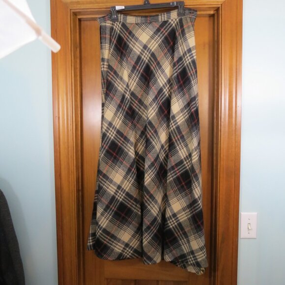 Orvis Grey/Tan Plaid Wool Circle Maxi Skirt Lines Size 14 - Picture 1 of 7